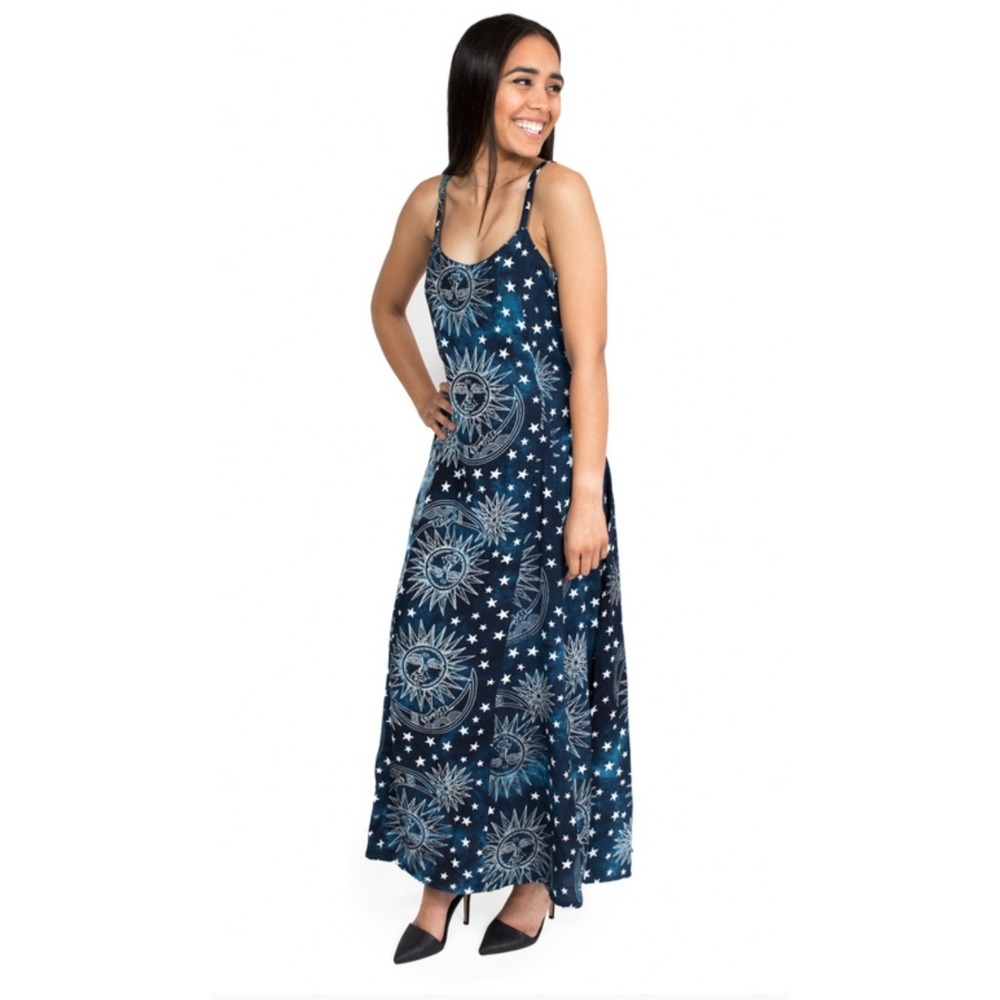 Geeta Blue Celestial Sun Moon Stars Rayon Maxi Dress Free Size Boho Tie Dye